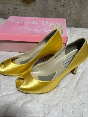 Touch Ups Gold Satin Open-Toe Mid Heels